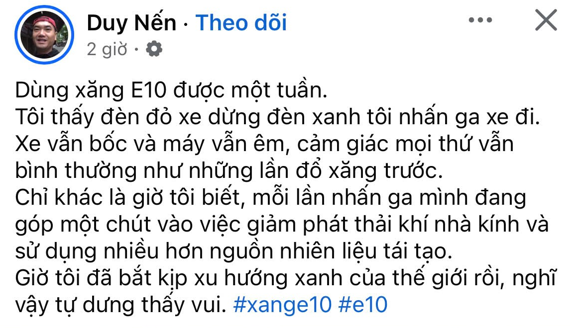 Chia sẻ của một tài khoản Facebook trên trang cá nhân về xăng E10